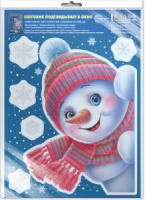 Витражная наклейка 20*30см "Снеговик подглядывает в окно" многоразовая в упаковке