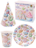 Набор для праздника  "Пончики"  тарелка 6шт, стаканы 6 шт, колпаки 6 шт