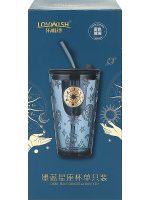 Стакан с трубочкой 450мл "Солнечный стиль", синий, стекло