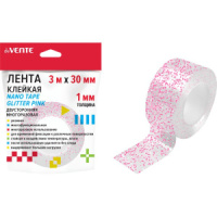 Скотч 2 сторон. 30мм*3м  NANO TAPE GLITTER  МНОГОРАЗОВЫЙ, розовый, 0,7мм