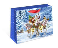Пакет подар. бум. новогодн. 32*26*12см 157гр/м Тройка Лошадей и Дед Мороз