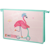 Папка д/труда А4 (325*230*100) 2отд. молния сверху, пластик "Фламинго на прогулке"