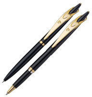 Набор: ручка шариковая+роллер Pier Cardin, корпус-латунь, черный, позолото