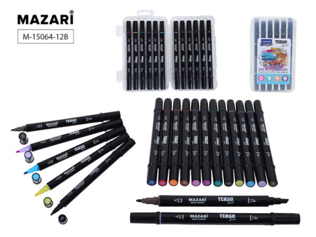 Набор маркеров для скетчинга  12цв. пулевидн. TERSO BLACK "Pastel+Flou colors" двусторон., 1,0-3,0мм