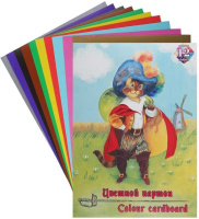 Картон цв. А4 12цв. 12л. мелов., одностор., пл. 220гр/м2 "Кот в сапогах"