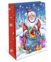 Пакет подар. бум. новогодн. 26*32*10см 157гр/м Дед Мороз с мешком подарков
