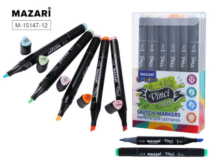 Набор маркеров для скетчинга  12цв. VINCI BLACK,. Pastel colors, двусторон., 1,0-6,2мм