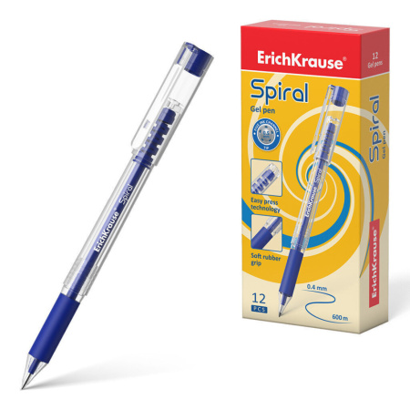 Ручка гелевая EK Spiral синяя 0,4мм, прозр. корпус