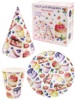 Набор для праздника  "Вкусняшки"  тарелка 6шт, стаканы 6 шт, колпаки 6 шт