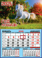 Календарь настенный  310*420мм на 2026г.  ОДНОБЛОЧНЫЙ с курсором и календ.сеткой "Лошадь в яблоках"