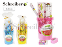 Канцелярский набор: линейка, блокнот,  ластик, точилка, 2 чернографитных карандаша, 3 вида