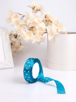 Лента упаковочная атласная 25мм*22м, Горошек, голубой