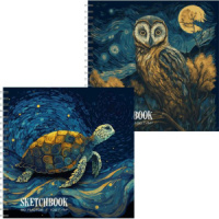 Скетчбук-перевертыш 195*195мм  80л., гребень, 100гр/м2, "Черепаха и Сова", тв.переплет