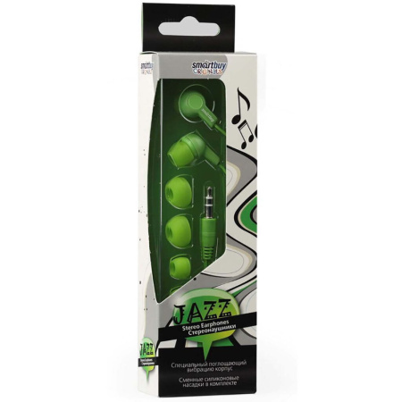 Наушники внутриканальные Smartbuy JAZZ, зеленые, 3 пары силикон. вставок