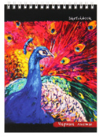 Скетчбук А5  20л., гребень,  80гр/м2 "Рисованный павлин" чёрная бумага, жестк.подложка