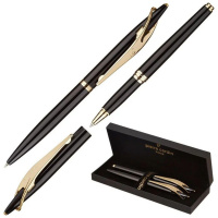 Набор: ручка шариковая+роллер Pier Cardin, корпус-латунь, черный, позолото