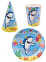 Набор для праздника  "Акула"  тарелка 6шт, стаканы 6 шт, колпаки 6 шт