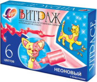 Краска Витраж (акрил. осн.), набор НЕОНОВЫЙ с блёстками 6цв. по 20мл,