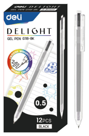 Ручка гелевая Deli Delight   0,5мм черная, прозрачный корпус