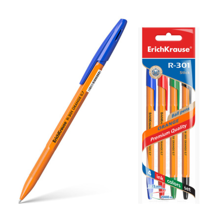 Набор ручек шар. ЕК R-301 0,7мм Orange Stick синий, красный, черный, зеленый 4шт
