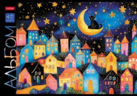 Альбом А4 48 скоба пласт.обл. "Лунный котик" пл. 100 гр/м, 5диз.в блоке