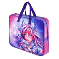 Папка А4 (345*260*70) с ручками, молния, ткань "Девушка с барсом"