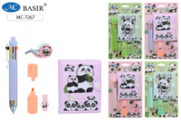 Блокнот 103*80мм клеевой кор. "Панды" лин, на кнопке + 8-цв.мини-ручка, скотч, текст.маркер