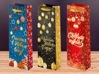 Пакет подар. бумажн. под бутылку 15*36*8 см, 157гр/м2  Микс новогодний 3 фольга
