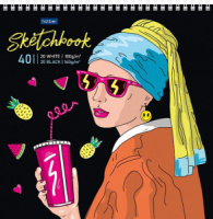 Скетчбук 240*240мм  40л., гребень, 100гр/м2,160гр/м2 "Девушка с серёжкой" белая, черная, тв.обл.