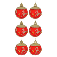 Набор елочных шаров 6 см, 6 шт., красный с золотом, стразы, пластик
