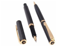 Набор: ручка шариковая+роллер Pier Cardin, корпус-латунь, черный, позолото