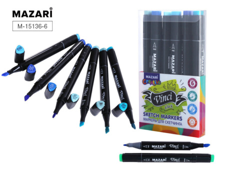 Набор маркеров для скетчинга   6цв. VINCI BLACK. Marine colors, двусторон., 1,0-6,2мм
