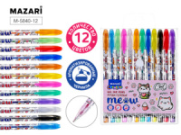 Набор гелевых ручек MAZARI 12 цв. "Meow" с блёстками аромат.чернила, цв.корпус, 0,9мм