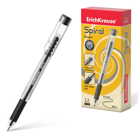 Ручка гелевая EK Spiral черная 0,4мм, прозр. корпус