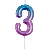 Свеча-цифра "3" Degrade  6 см, метал.цвет+напыление серебрян.точками
